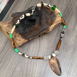 New Hand Crafted One of a Kind Artisan Recycled Glass and Etched Bead Necklace